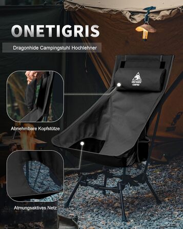 Стілець для кемпінгу OneTigris DRAGONHIDE, розкладний, 125 кг, з 2 кишенями, чорний