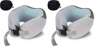 Подушка для подорожей Euqvunn з ефектом пам'яті (Memory Foam) для шиї в літак та авто, ергономічна з охолоджуючим шовком Ice Silk та сумкою для зберігання, сіра (набір 2 шт.)