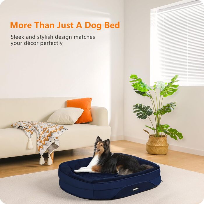 Ортопедичне ліжко для собак HMTOPE, собаче ліжко-софа з валиком для шиї, неслизьке дно, знімне та пральне, для маленьких та середніх собак, 90 x 71 x 15 см, темно-синій
