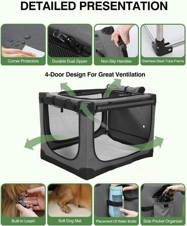 Складана переноска для собак середніх порід, 76x54x54 см (зелена) / 60x42x42 см (сіра), з м'яким лежанком та міцними сітковими вікнами