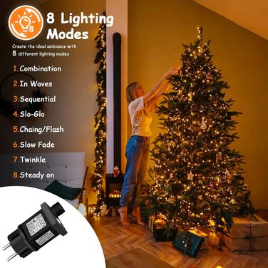 Льо́нточна гірлянда на Різдво, 20 метрів, 200 LED, з таймером, 8 режимів, вологостійка, тепле біле світло, для прикраси ялинки, саду, дому