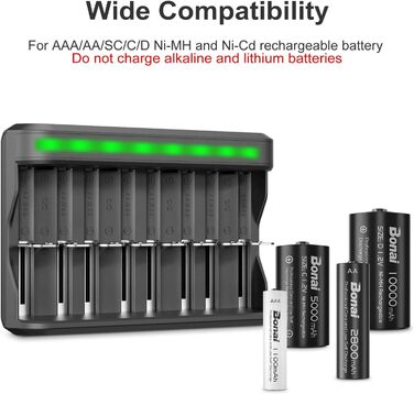 Універсальний зарядний пристрій для акумуляторів BONAI з LED-індикатором, інтелектуальний зарядний пристрій для AA AAA C D NI-MH акумуляторів