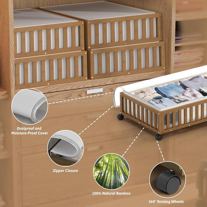 Контейнери для зберігання під ліжком з бамбука, 2 шт., великі, для ковдр, одягу, взуття, органайзери для спальні, дитячої кімнати, з колесами (33.07 x 16.54 см)