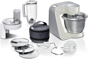 Кухонний комбайн Bosch Serie 4 MUM58L20, 1000 Вт, чаша 3,9 л, міксер 1,25 л, планетарне змішування, насадки з нержавіючої сталі, шинкувальна насадка, 3 диски, сірий/сріблястий