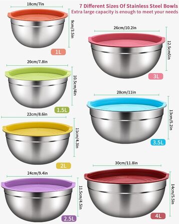 Set of 7 stainless steel bowls with colorful lids, mixing bowls, salad bowls, stackable for minimal storage, essential cooking, kitchen utensils