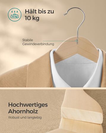 SONGMICS Wooden Clothes Hangers, 12-Piece Set, Wooden Hangers, Shoulder Indentations, Trouser Bar, Trouser Hanger, 360° Swivel Hook, for Jackets, Shirts, Coats, natural beige CRW010N12