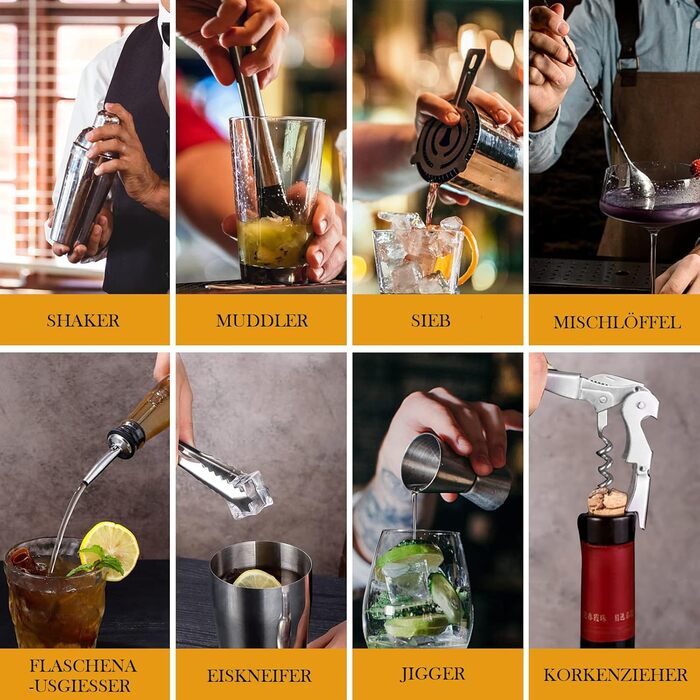 Набір для коктейлів 6 предметів з нержавіючої сталі, 750 мл, з аксесуарами та рецептами для дому, бару, вечірок (23 предмети)