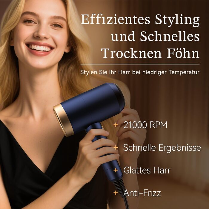 Іонізатор для волосся Föhn, 1800W, з насадкою-дифузором, 3 режими температури, безліч налаштувань швидкості, портативний фен, Marineblau (морський блакитний)