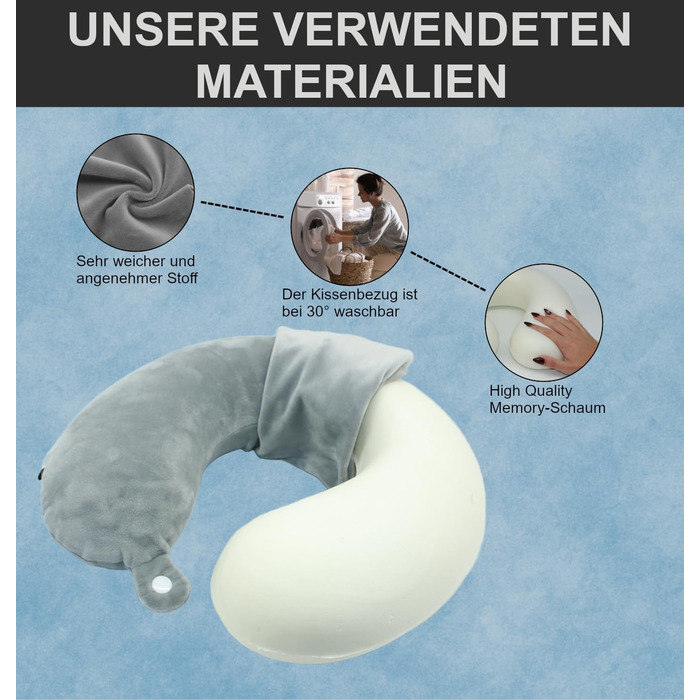 Подушка для шиї Essentials з піною з пам'яті (100%) - U-подібна, з м'яким оксамитовим чохлом - для подорожей, літака, авто, офісу та дому (Сірий)