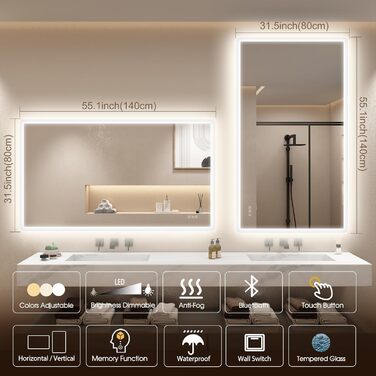 Дзеркало для ванної кімнати STARLEAD з підсвічуванням 100x70 см, Bluetooth, протитуманне покриття, регулювання яскравості, 3 кольори світла, функція пам'яті, IP44, LED, горизонтальне/вертикальне, HD скло, Madrid Silver (Bluetooth)