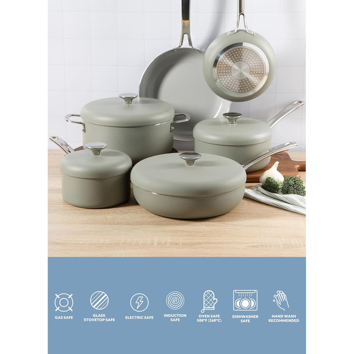 Набір кухонного посуду Sur La Table Kitchen Essentials 13-Piece, преміум-кераміка, антипригарне покриття, для індукційних плит, знімний ручка, смарагдово-зелений
