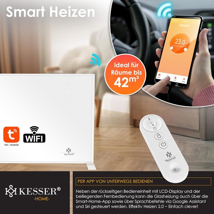 KESSER® Infrared Heater - Energy-Saving Infrared Standing Unit & Wall Mounting Electric Heater 700W with Remote Control, Thermostat & App Control, Electric Heating Panel, Heater Convector, Standing Feet, 700W, White