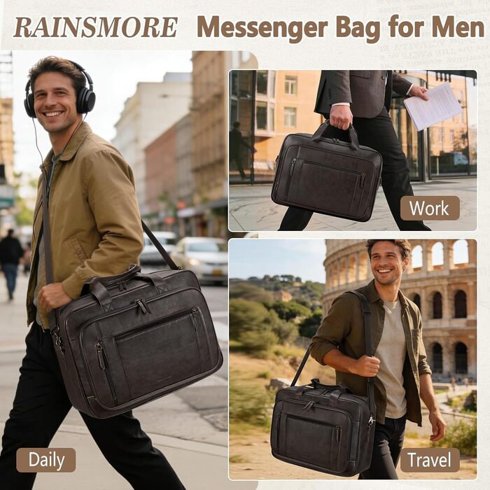Сумка для ноутбука RAINSMORE чоловіча вінтажна шкіряна 16