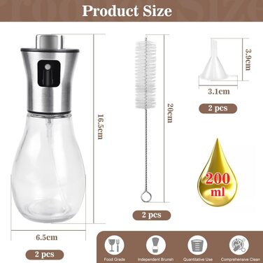 Набір скляних пляшок-розпилювачів для олії та оцту (2 шт), 200 мл, для аерофритюрниці та салатів, антикрапельний спрей