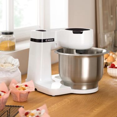 Bosch Kitchen Machine Series 2 MUMS2EW00, 3.8 L Stainless Steel Bowl, Planetary Mixing System, Dough Hook, Beaters and Whisk (Stainless Steel), 4 Speed Settings, Expandable with Optional Accessories, 700W, White
