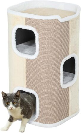 Кігтеточка PawHut 74 см, триповерхова кімната для котів з подушкою, плюшевим бордюром, кігтеточка для кошенят, бежево-білий колір