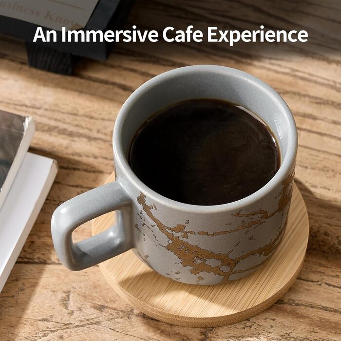 Набір келихів для еспресо LUKA з блюдцем та металевою підставкою (4 шт.), 118 мл, кераміка, мармуровий візерунок білий/сірий