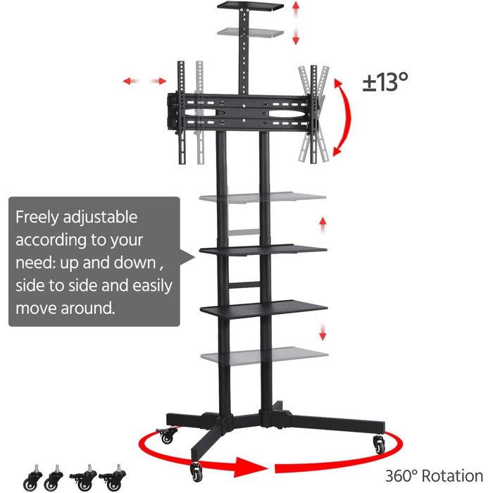 Yaheetech Rolling TV Stand with Brakes - Adjustable Height, 3 Shelves, VESA 100x100 to 600x400 - Fits 32-75 inch TVs