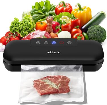 Вакуумний пакувальник Wancle 4-в-1: автоматичний герметизатор для продуктів, приготування Sous Vide, сухих та вологих продуктів. В комплекті 10 пакетів. Чорний колір