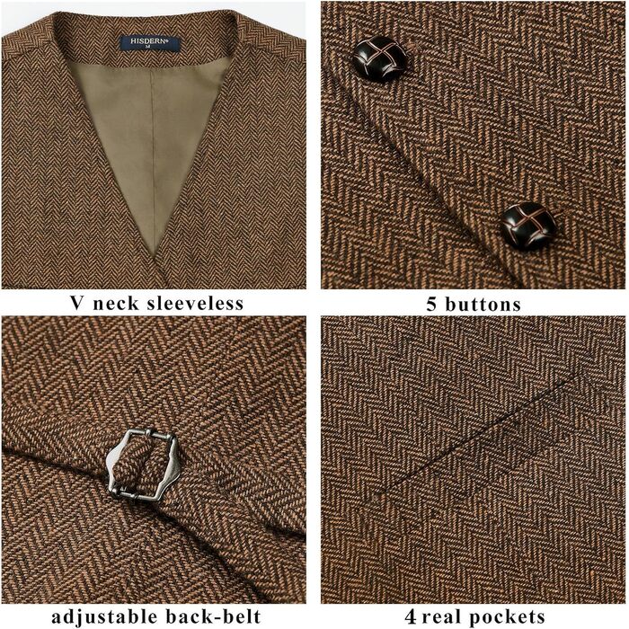 Жилет чоловічий HISDERN Vintage Tweed, скроєний для ділового стилю та вечірніх подій, з кишенями, темно-сірий (L, Коричневий-1)