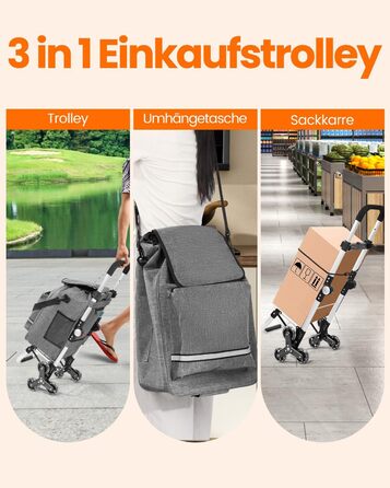 Складаний візок для покупок Homecall 50L з охолодженням, 3-в-1: візок, сумка на колесах, тачка (темно-сірий, сходинкові колеса)