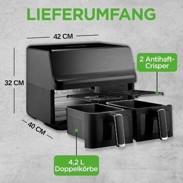 Фритюрниця NutriChef з гарячим повітрям, XXL 8л, подвійна камера, вікно, max 360°C, 9 програм, антипригарне покриття, придатна для миття в посудомийній машині, приготування без жиру, фритюрниця, гриль, духовка, 1700W, 8л, чорний