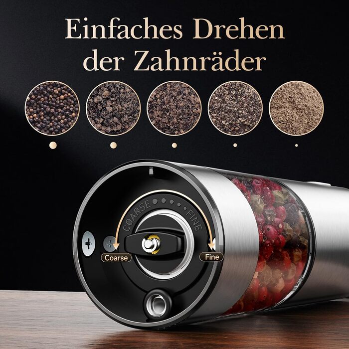 Variglas Salt and Pepper Mills Electric 2-Piece Set with USB Rechargeable, Improved Large Capacity Electric Spice Grinder, Adjustable Coarseness, LED Light (01S)