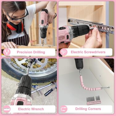 Набір інструментів Sundpey 206tlg з акумуляторною дрилем 12V для ремонту вдома та DIY, рожевий