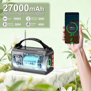 Радіо з ручкою та сонячною панеллю Kurbelradio 27000mAh – портативне радіо для надзвичайних ситуацій з AM/FM, LED ліхтарик, USB, SOS, сірий