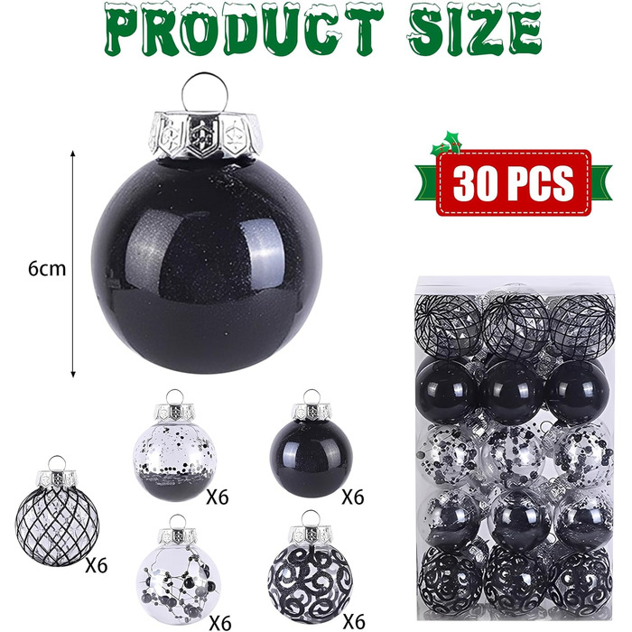 30 шт. Новорічні кулі - прикраси для ялинки, блакитні (прозорі, чорні), 6 см, ручної роботи, з петелькою