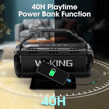 W-KING Портативна Bluetooth Колонка 90W з Глибоким Басом, DSP, 40 годин акумулятора та IPX6 Захистом від Води. Підтримка Powerbank, EQ, AUX та TF-карта. Чорний Колір. Ідеально для кемпінгу, пляжу та саду.