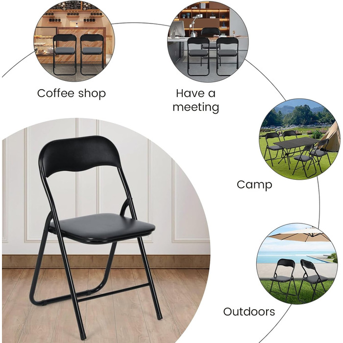 LuxNook 2 Pack PVC Folding Chair, Folding Stool with Cushion, Strong Metal Frame, Camping Chair, Foldable Chair, Office Chair, Space-Saving Desk Chair for Guest, Holds up to 150kg, 2pcs Black