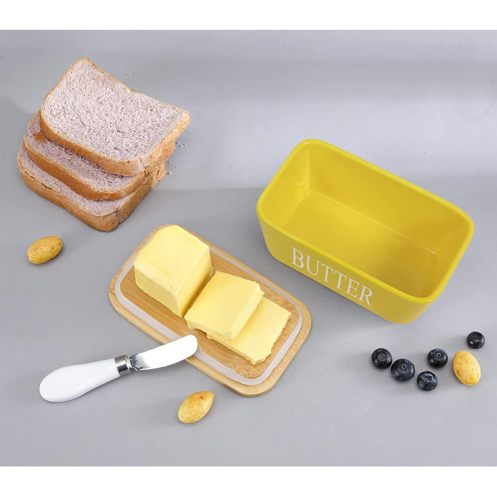 Porcelain butter dish with lid, airtight silicone butter keeper for butter, nuts, cheese, yellow + butter knife