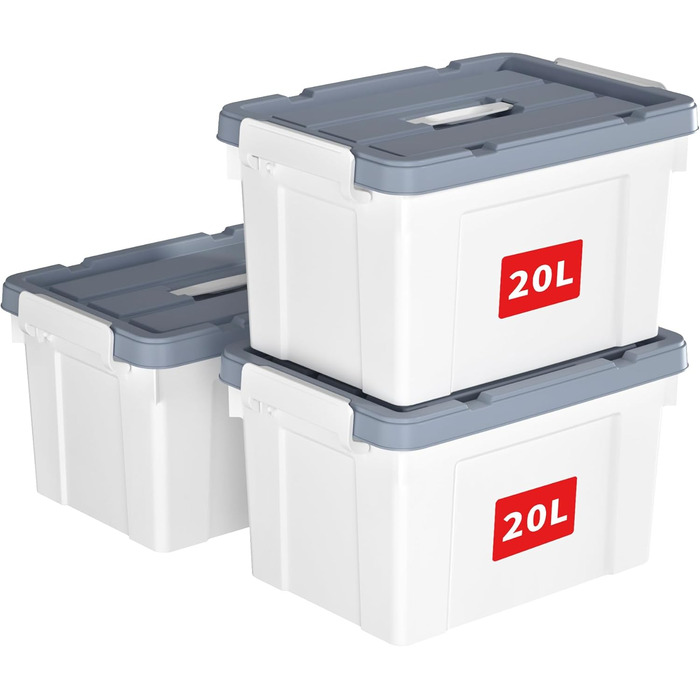 Cetomo 20L*3 Plastic Storage Box with Durable Lid and Safety Closure, Stackable and Nestable, 3-Pack, White