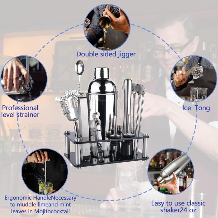 Набір для коктейлів, нержавіюча сталь, 17 предметів, 750мл шейкер, барний аксесуар для дому та бару