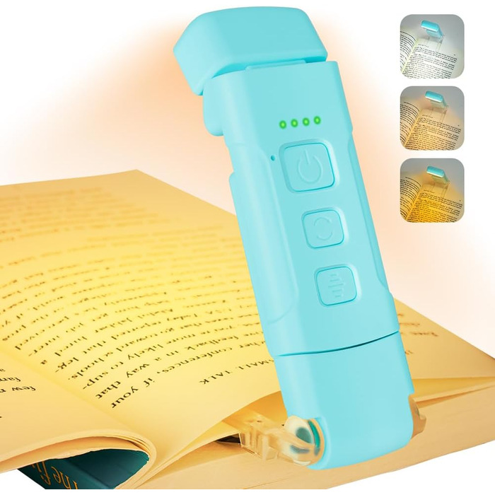 LED лампа для читання з кліпсою, акумуляторна, 3 режими температури кольору, USB, гнучка 360°, для читання в ліжку, для книголюбів та дітей (Блакитна)