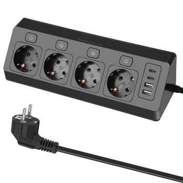 Багатофункціональна мережева розетка на кут 4-портова з USB та Type-C, захист від перенапруги, 2м кабель, для дому, білого/чорного кольору