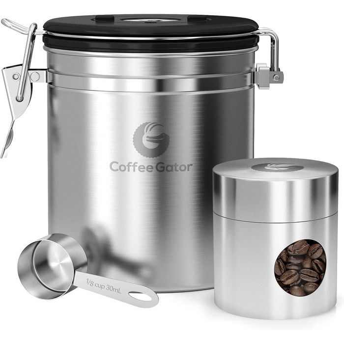 Контейнер для кави Coffee Gator з нержавіючої сталі, герметичний, з датою відкриття, клапаном CO2, мірною ложкою, для кавових зерен, меленої кави, горіхів, чаю, цукру, борошна, у подорожах, срібний, M/Mini