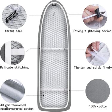 Чохол для прасувальної дошки Yizunnu 140 x 50 см, товсте ущільнення, шнурок для фіксації, регульована застібка, простий монтаж, стійкий до подряпин (сріблясто-сірий лак)