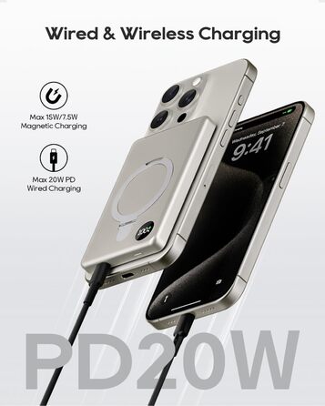 Powerbank MagSafe 10000mAh з PD 20W, бездротова зарядка, USB-C, LED-дисплей, для iPhone 17/16/15/14/13/12, серія Pro/Pro Max, Titanium Grey