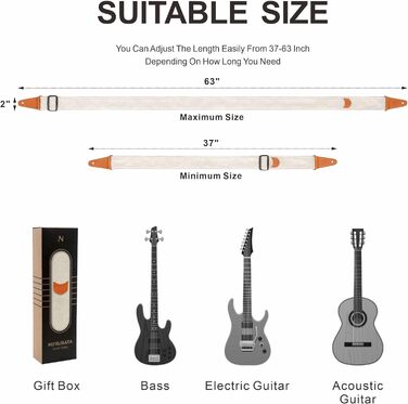 Гітарний ремінь Nefelibata: м'який, з кашеміру, повноекошкіряний. Для бас-, електро- та акустичної гітари. З кнопкою, замками та медіатором. Кремовий та білий твід