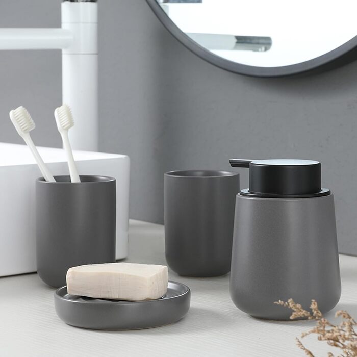 4-Piece Bathroom Accessories Set, Ceramic Bathroom Accessories Set with Soap Dispenser, Soap Dish, Toothbrush Holder, Elegant Matte Bathroom Set with Embossed Details, White (Gray)