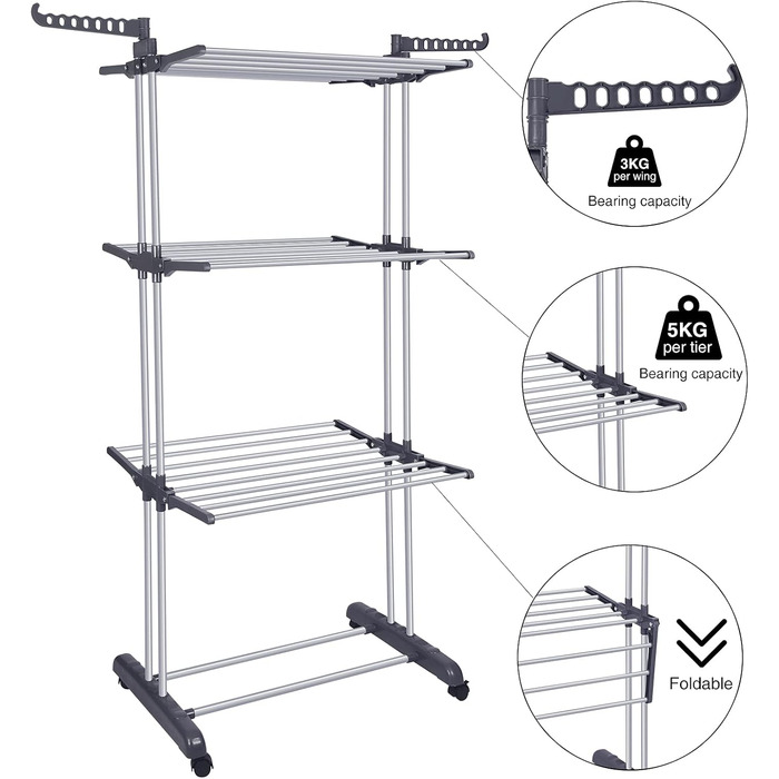 Bigzzia Clothes Rack Foldable 3 Tiers Stainless Steel Clothes Dryer Drying Rack with Two Side Wings Grey