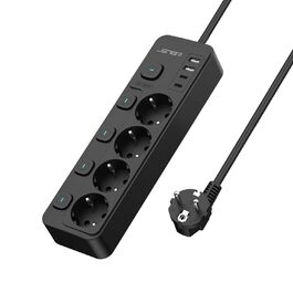 Мережевий адаптер JSVER на 5 розеток з індивідуальним вимикачем, 2 USB-A та 2 USB-C (17W), мережева стрічка з USB для столу з кабелем 2м для смартфонів, ноутбуків - білий (чорний 4-розеточний)