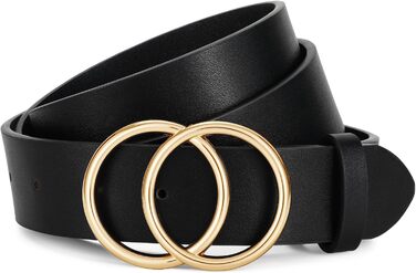 Жіночий шкіряний ремінь JasGood з подвійною кільцевою пряжкою для джинсів, штанів, суконь - чорний, XS (100 см, об'єм талії 65-75 см)