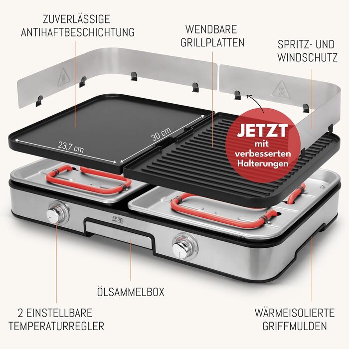 LEBENLANG Електричний гриль для столу - з щипцями та захистом від бризок | 2400W | Для дому та вулиці | Гриль для балкону, столу | Електричний гриль з площею | Гриль для дому