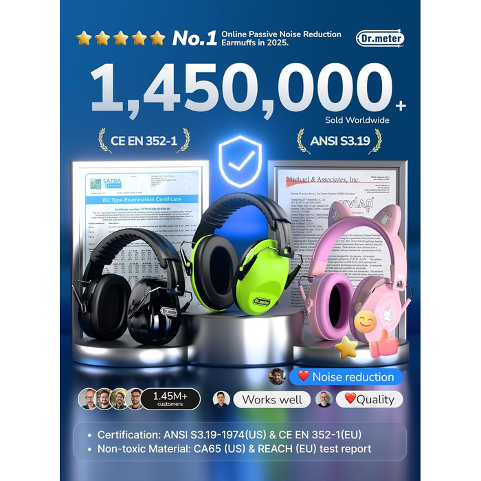 Захисні навушники Dr.meter SNR 31dB: комфортні, регульовані, для будівництва та саду (чорні)