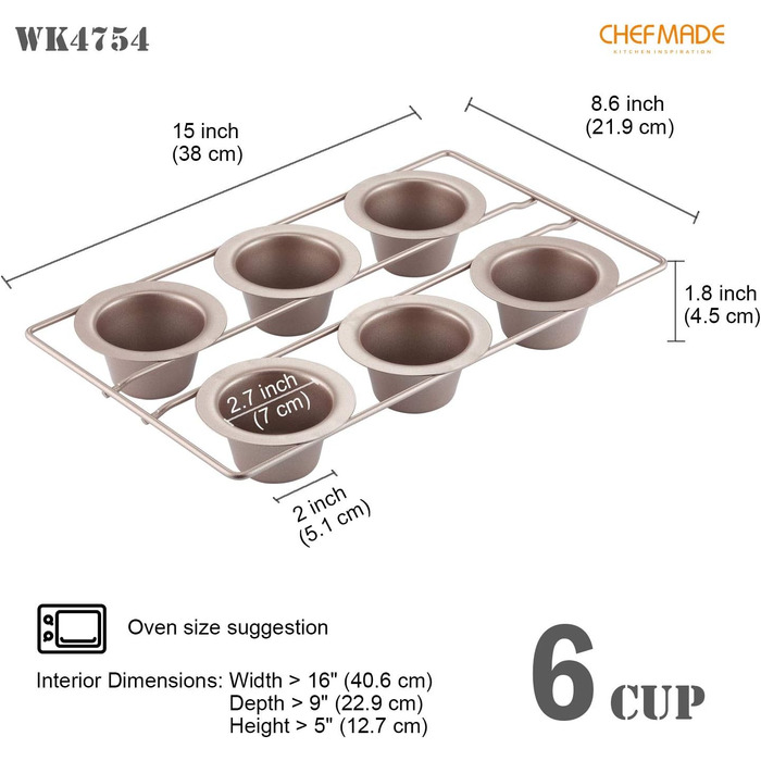 CHEFMADE Popover Pan, 6-Cup Non-Stick Yorkshire Muffin/Cupcake Baking Pan for Oven Baking (Champagne Gold)