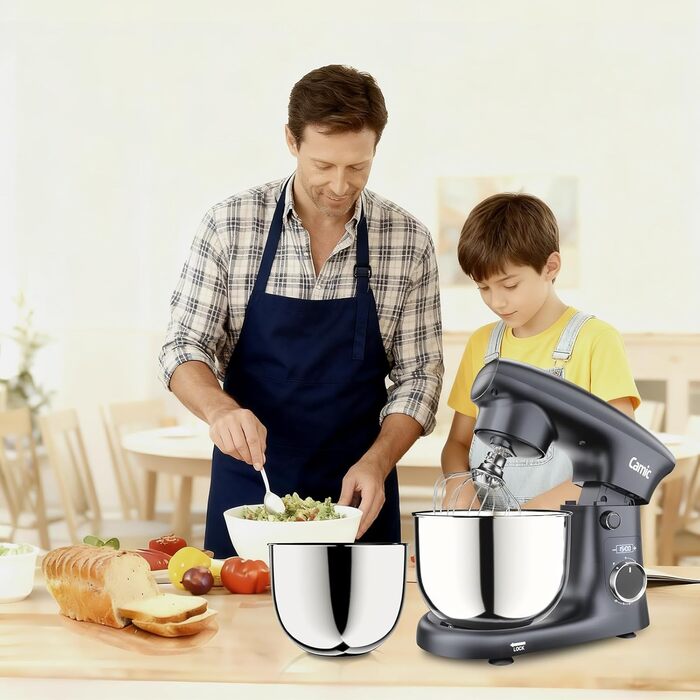 Кухонна машина Camic з LED-дисплеєм, 10 швидкостей, 3 насадками (діядовий, міксер, вінчик) та 2 чашами з нержавіючої сталі 4Л та 5Л для тіста, хліба та тортів, сіра
