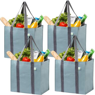 VENO 34 Liter Large Shopping Bag Foldable with Sturdy Bottom and Front Pocket, Reusable Shopping Bags Water-Resistant Tote Bag Shopping Basket for Shopping Picnic (Light Blue, 4-Pack)